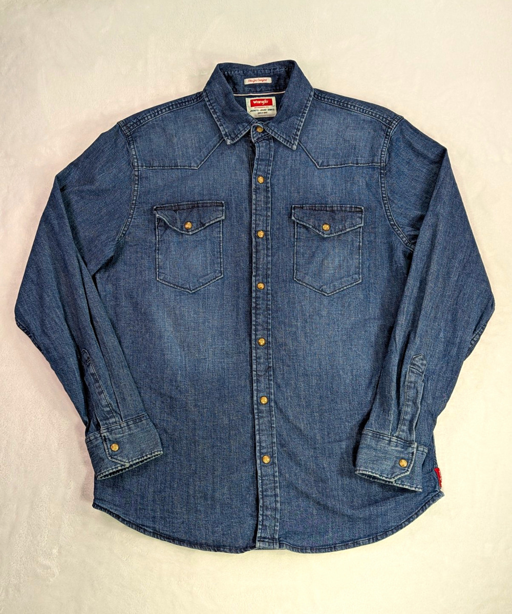 Wrangler Men's M Flex for Comfort Blue Denim Long Sleeve Western Shirt Reg Fit